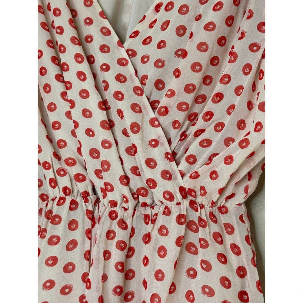 The Addison Story Anthropologie 100% Silk Red Dot Mini Dress XS Ruched Sleeve
